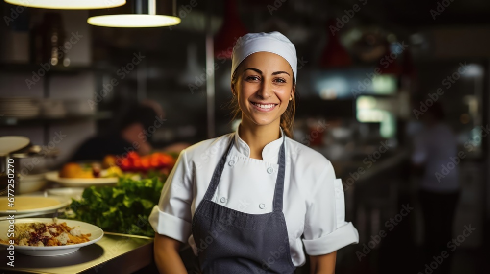 © Fred - Smiling female chef in her restaurant women owned business concept