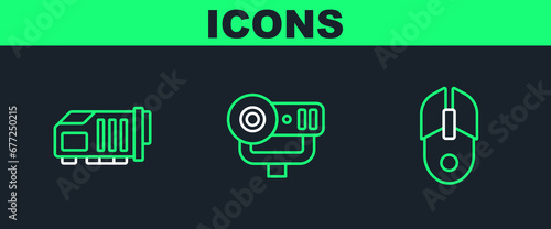 Set line Computer mouse, Video graphic card and Web camera icon. Vector