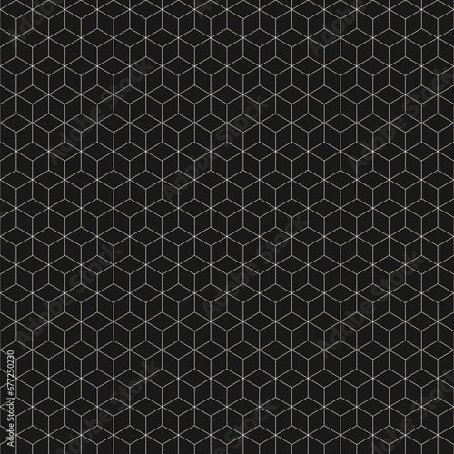 Vector seamless geometric pattern with hexagons and cubes, thin lines grid. Abstract black and white background. Simple linear lattice texture, subtle repeat grid. Dark design for decor, print, cover