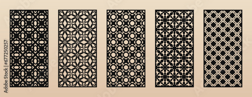 Laser cut  CNC cutting patterns. Vector set with abstract geometric ornament  lines  floral grid  lattice. Arabesque style  ethnic motif. Cutting stencil for wood panel  metal  paper. Aspect ratio 1 2