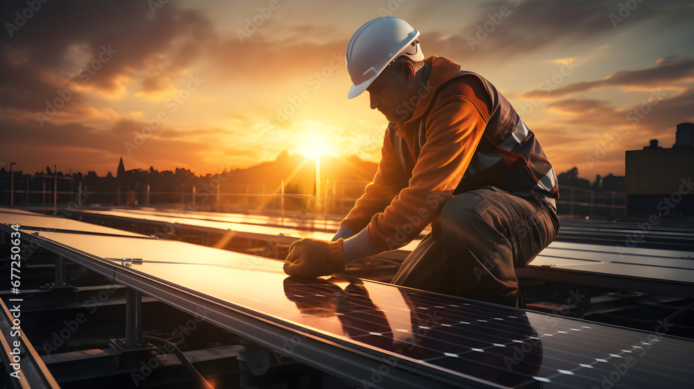 An electrical technician is installing solar panels on the roof as part of the concept for generating alternative renewable green energy, An electrical technician is installing solar panels on the roof as part of the concept for generating alternative renewable green energy,