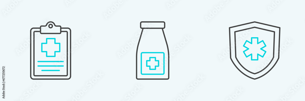 Set line Life insurance, Patient record and Medicine bottle and pills icon. Vector Set line Life insurance, Patient record and Medicine bottle and pills icon. Vector