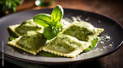 Spinach ravioli with pesto sauce 