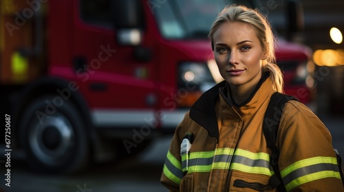 Woman rescuer in uniform close-up, at work, fire truck rear view