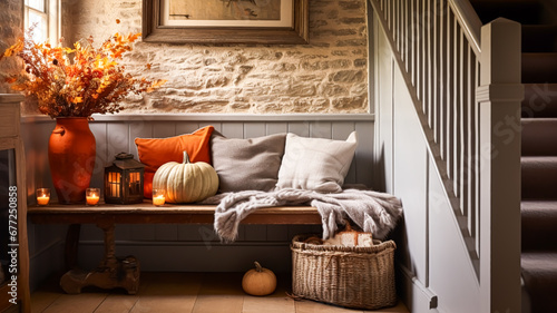 Autumnal hallway decor, interior design and house decoration, welcoming autumn entryway furniture, stairway and entrance hall home decor in an English country house and cottage style