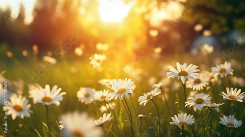 The landscape of white daisy blooms in a field  with the focus on the setting sun. The grassy meadow is blurred  creating a warm golden hour effect during sunset and sunrise time