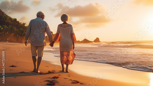 An elderly couple lovingly holds hands as they walk along a serene beach, with the golden hues of sunset reflecting on the ocean waves and sand. photo