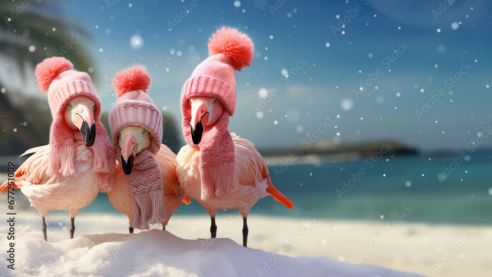 Three flamingos with wool hats and scarfs on a snowy beach. - obrazy, fototapety, plakaty 