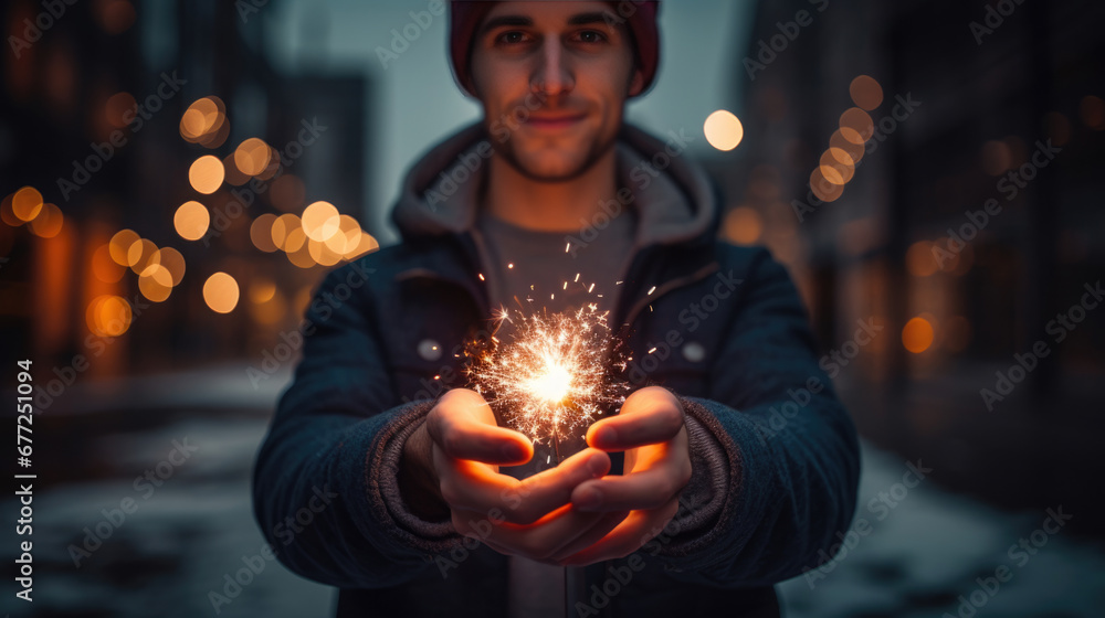 A man holding a lit sparkler, smiling with the warm bokeh of city lights in the background, creating a festive and cheerful atmosphere in the evening.