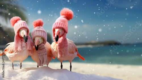 Three flamingos with wool hats and scarfs on a snowy beach. photo