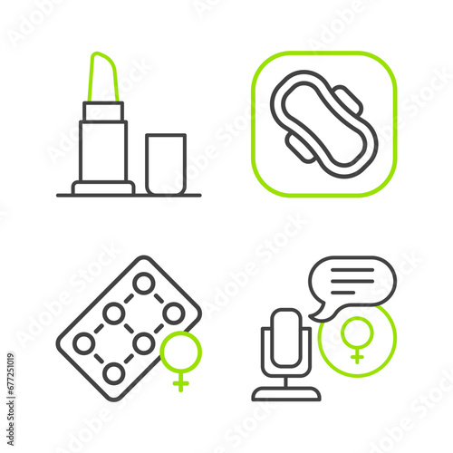 Set line Microphone, Packaging of birth control pills, Sanitary napkin and Lipstick icon. Vector