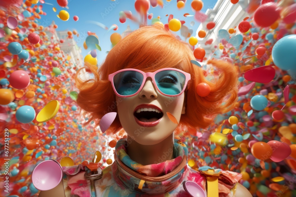 Artistic glamorous portrait of young red-haired Caucasian girl in stylish sunglasses surrounded by splashes of multi-colored paints. Happy laughing girl against colorful background under blue sky.