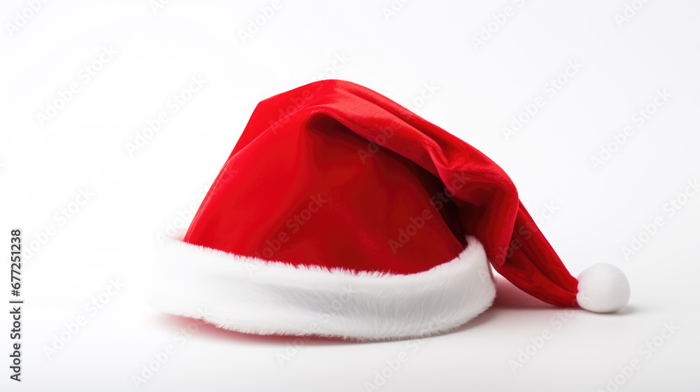 Red Santa Claus hat with a white fur trim and pompom, typically associated with Christmas festivities, against a white background. Red Santa Claus hat with a white fur trim and pompom, typically associated with Christmas festivities, against a white background.