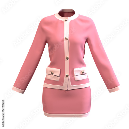 Pink suit skirt and jacket with buttons and pockets isolated on white background. Beauty and fashion concept. 3d rendering   
