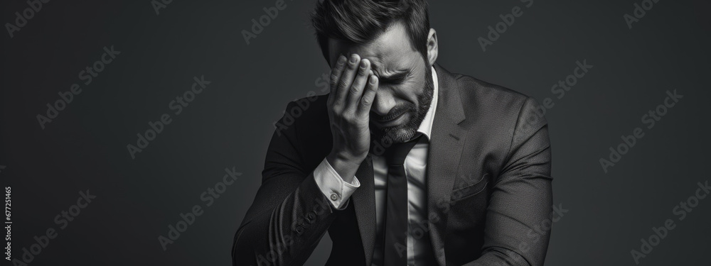 Fototapeta premium Distressed man in a suit, covering his face and forehead with his hand, conveying a sense of deep worry or frustration.