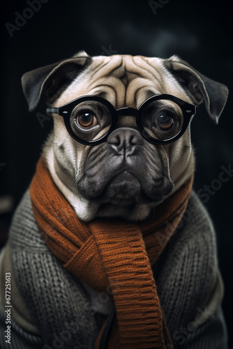 Portrait studio de carlin intelligent à lunettes noires, petit chien mignon avec un pull et une écharpe, look BCBG
