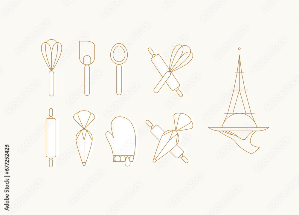Kitchen utensils in art deco style to prepare bakery products whisk, spatula, measuring spoon, rolling pin, pastry bag, potholder, dish drawing with white on beige background Kitchen utensils in art deco style to prepare bakery products whisk, spatula, measuring spoon, rolling pin, pastry bag, potholder, dish drawing with white on beige background
