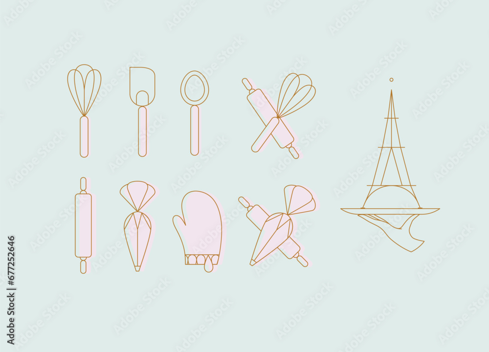 Kitchen utensils in art deco style to prepare bakery products whisk, spatula, measuring spoon, rolling pin, pastry bag, potholder, dish drawing with pink on turquoise background