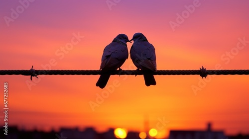 Two pigeons on a wire, silhouette in the sunset, love birds, in the style of humor meets heart, backlight