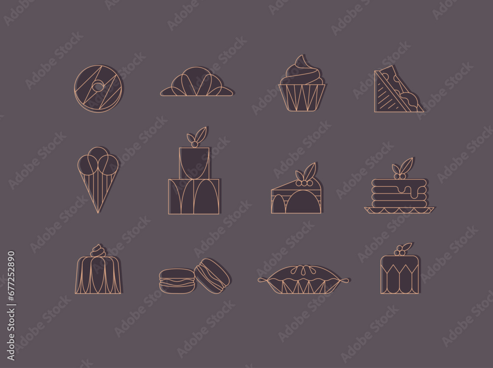 Dessert icons in art deco style doughnut, croissant, cupcake, sandwich, ice cream, cake, dessert, pancakes, macaroons, pie jelly drawing with brown on chocolate color background
