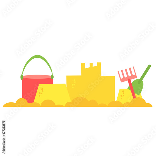Sand castle.  Sandbox. Sand and children's toys. Bucket, shovel, rake for playing with sand.
