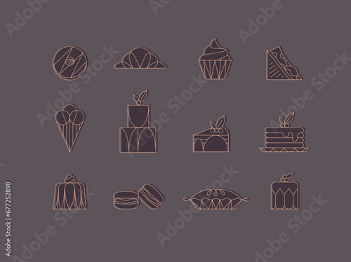 Obraz na płótnie Dessert icons in art deco style doughnut, croissant, cupcake, sandwich, ice cream, cake, dessert, pancakes, macaroons, pie jelly drawing with brown on chocolate color background w salonie