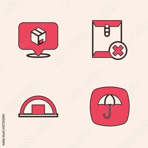 Set Delivery package with umbrella, Location cardboard box, Delete envelope and Warehouse icon. Vector