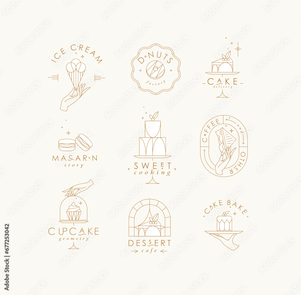 Bakery dessert labels with lettering in art deco style drawing with white on beige background