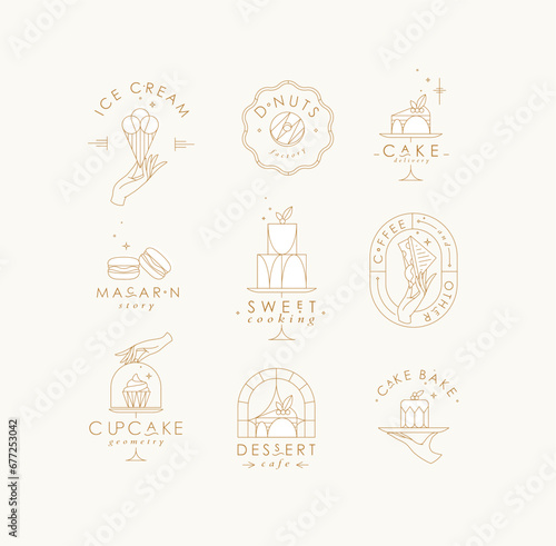 Obraz na płótnie Bakery dessert labels with lettering in art deco style drawing with white on beige background w salonie