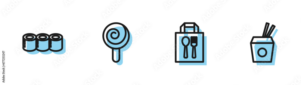 Set line Online ordering and delivery, Sushi, Lollipop and Asian noodles chopsticks icon. Vector Set line Online ordering and delivery, Sushi, Lollipop and Asian noodles chopsticks icon. Vector