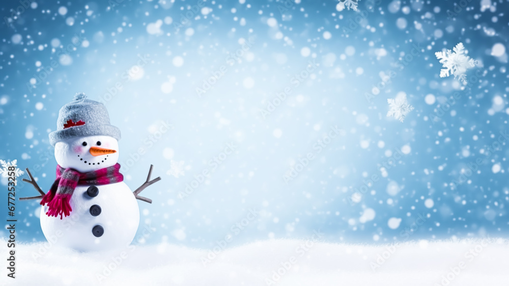 Funny snowman on Christmas holiday winter background, Merry Christmas and Happy Holidays wishes, generative ai