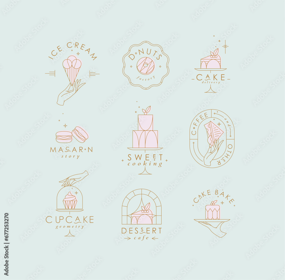 Bakery dessert labels with lettering in art deco style drawing with pink on turquoise background