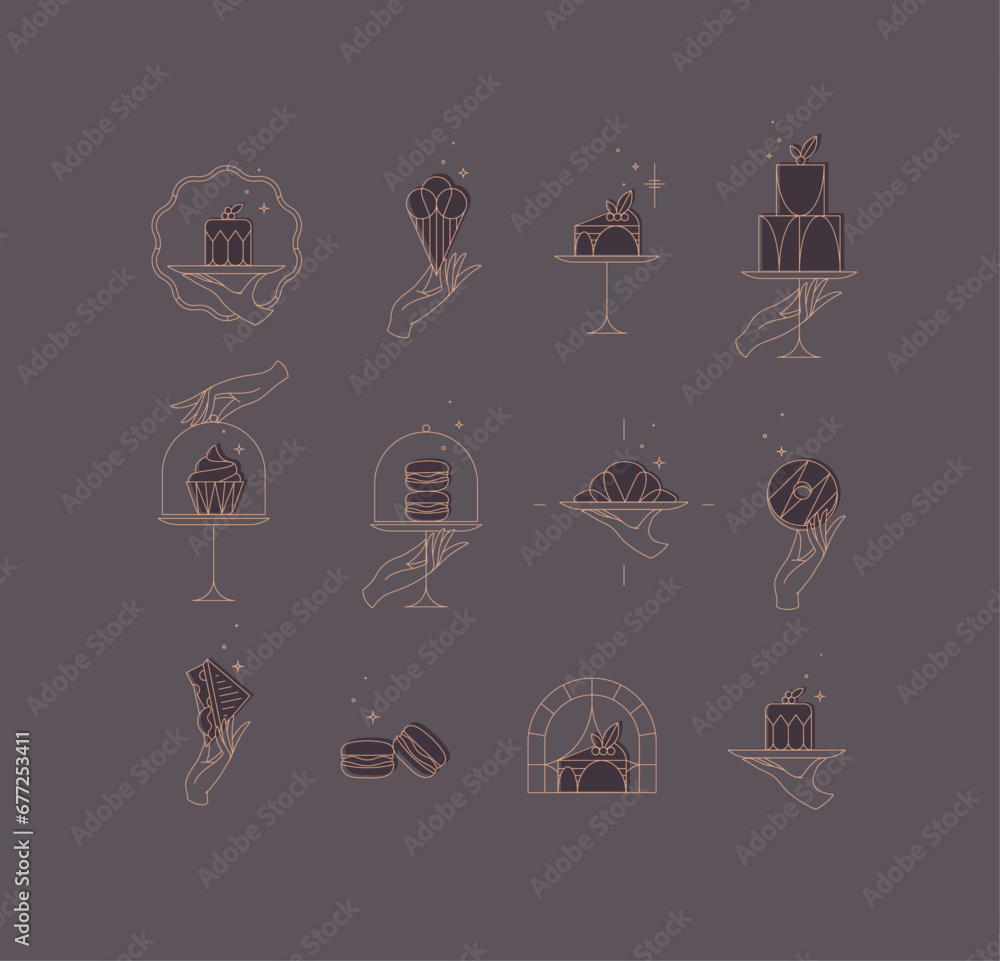 Desserts on cake stand in art deco style labels drawing with brown on chocolate color background