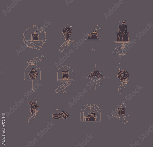 Obraz na płótnie Desserts on cake stand in art deco style labels drawing with brown on chocolate color background w salonie