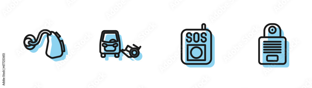 Set line Press the SOS button, Hearing aid, Disabled car and Intercom icon. Vector Set line Press the SOS button, Hearing aid, Disabled car and Intercom icon. Vector