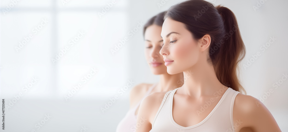 Fit young woman practice yoga with friends. Fitness female doing yoga meditation indoors in gym class. Fit young woman practice yoga with friends. Fitness female doing yoga meditation indoors in gym class.