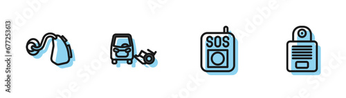 Set line Press the SOS button, Hearing aid, Disabled car and Intercom icon. Vector