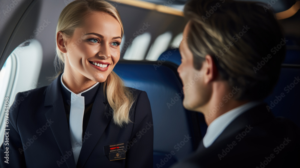 Male pilot and a female flight attendant are smiling and having a conversation on the tarmac, with a commercial airplane in the background. Male pilot and a female flight attendant are smiling and having a conversation on the tarmac, with a commercial airplane in the background.