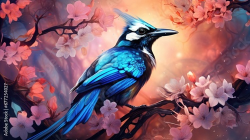  a painting of a blue bird sitting on a branch of a tree with pink and white flowers in the background.  generative ai
