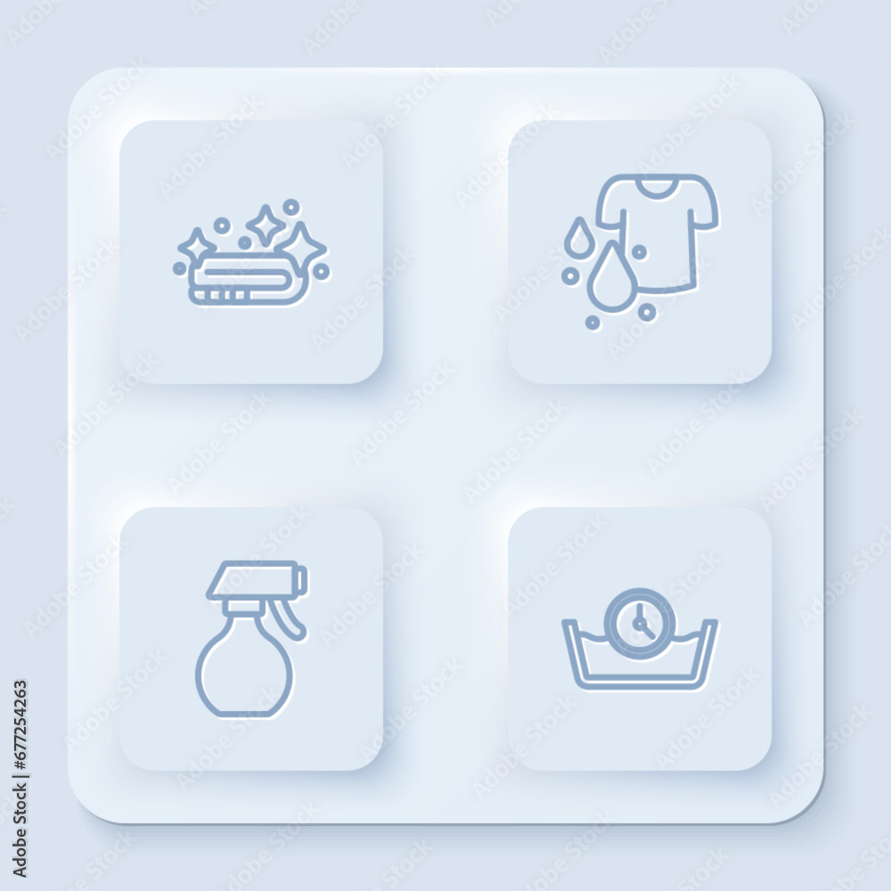 Set line Towel stack, Dirty t-shirt, Water spray bottle and Time wash. White square button. Vector Set line Towel stack, Dirty t-shirt, Water spray bottle and Time wash. White square button. Vector