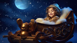 A joyful child in a Santa hat is smiling with wonder as she opens a golden Christmas gift under a starry night sky.