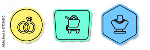 Set line Wedding rings, Jewelry online shopping and Necklace mannequin. Colored shapes. Vector
