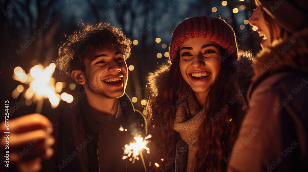 A group of friends enjoying a festive moment with sparklers at night, warmly dressed and sharing laughter and joy.