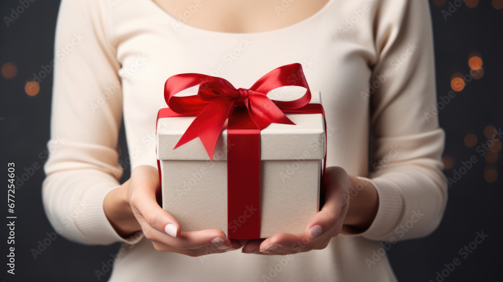 Woman's hands carefully holding a gift box Woman's hands carefully holding a gift box
