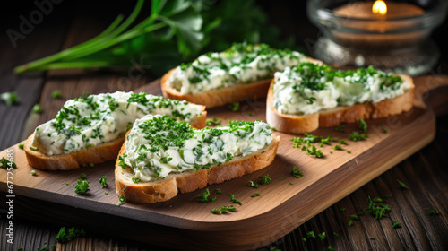 Slices of baguette are spread with cream cheese and garnished with chives and parsley on a wooden cutting board, placed on a dark wooden background. photo