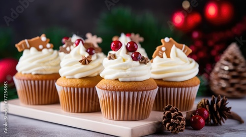 Variety of Christmas cupcakes with gingerbread sugared cranberry and candied pecans