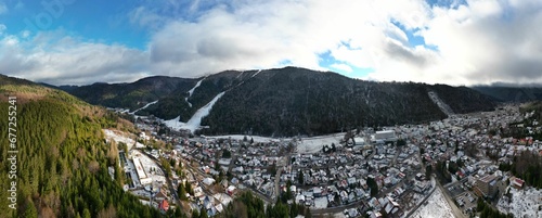 Aerial view of cityscape Azuga surrounded by buildings photo