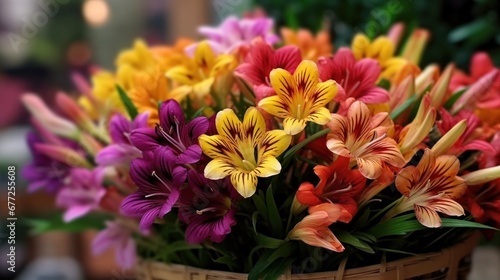 Beautiful alstroemeria flowers in basket on table  closeup. Mother s day concept with a space for a text. Valentine day concept with a copy space.