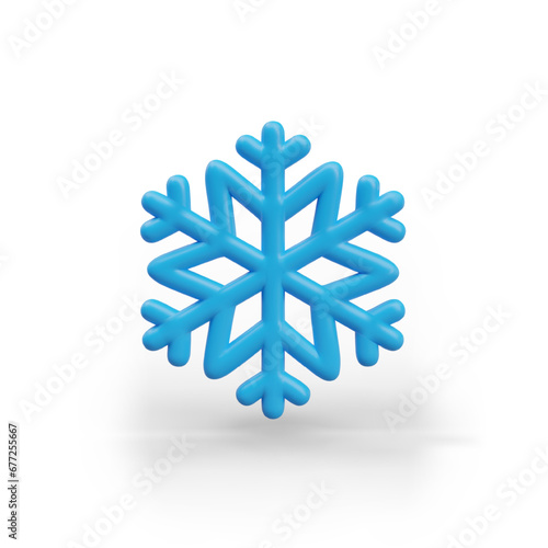Vector 3D hexagonal snowflake. Blue winter decorative element, symbol of snow. Isolated image on white background. Color object for simple New Year decoration of landing pages, flyers, promo offers