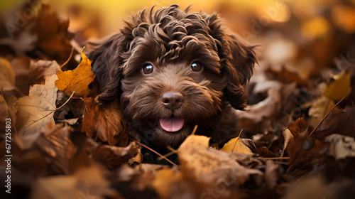 Photography dog lagotto romagnolo in a pile of leaves, fall photo